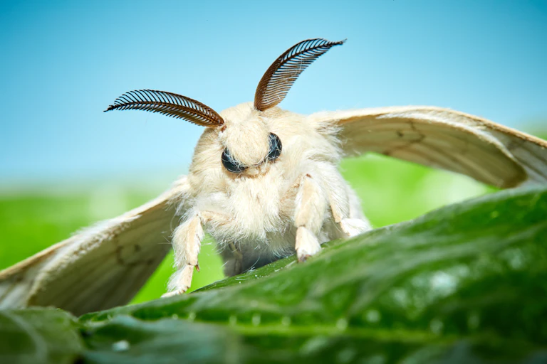 Closeup image of the moth of a silkworm (Bombyx mori), facing the camera, resting on a green leaf with blue sky in the background