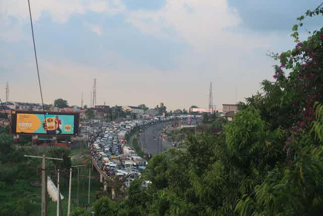 Cars in a massive traffic jam in Lagos.
