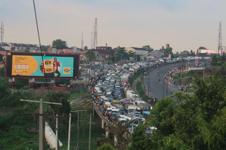 Cars in a massive traffic jam in Lagos.