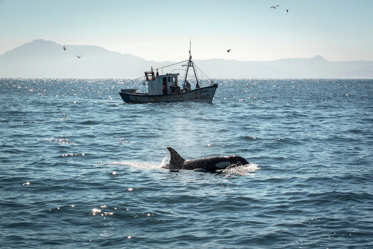 Un orque proche d'un bateau de pêche dans le détroit de Gibraltar.