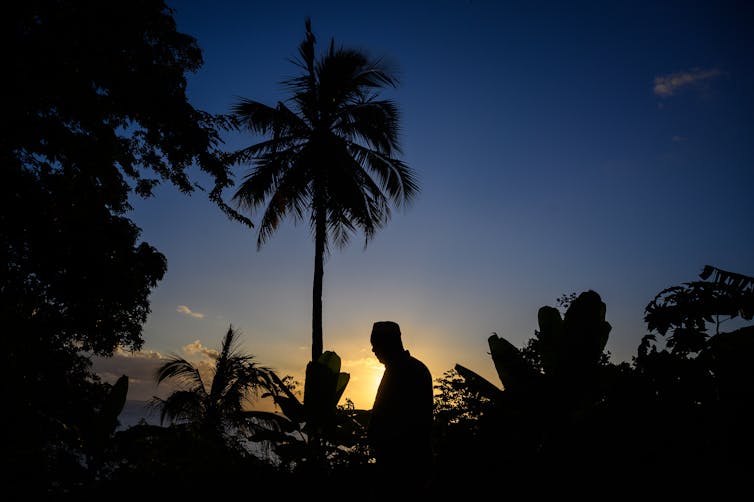 Un homme passe devant un palmier au coucher du soleil à Mtsangadoua sur l’île française de Mayotte dans l’océan Indien, le 28 mai 2023