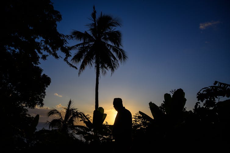 Un homme passe devant un palmier au coucher du soleil à Mtsangadoua sur l’île française de Mayotte dans l’océan Indien, le 28 mai 2023