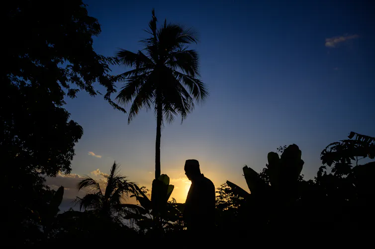 Un homme passe devant un palmier au coucher du soleil à Mtsangadoua sur l’île française de Mayotte dans l’océan Indien, le 28 mai 2023