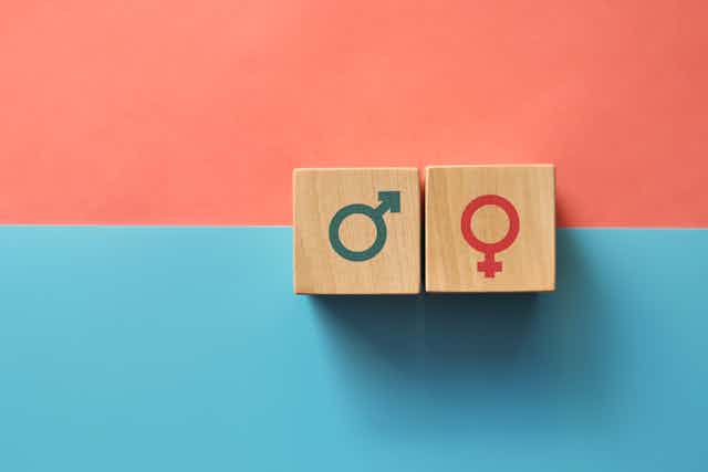 Wooden cubes with images of a male and female gender sign.