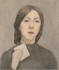 A painting in muted colours of a woman holding a letter up to her collar bone.