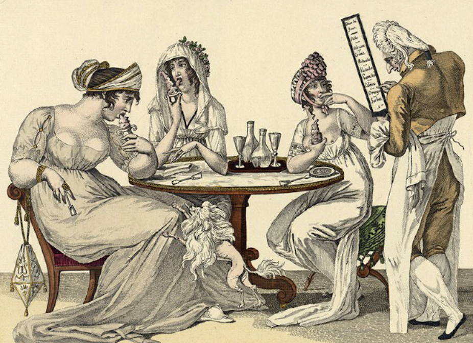Illustration of rich women eating ice cream.