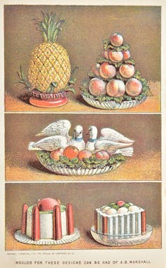 Illustrations of ice cream in the shape of pineapples and doves.