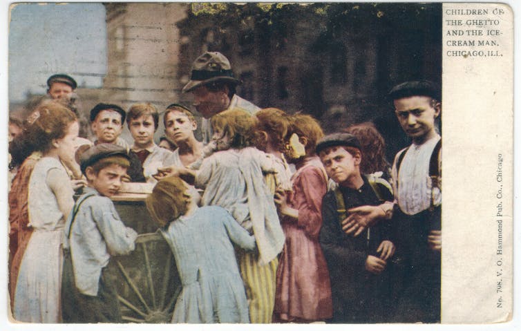 Colourful postcard showing colourised picture of children surrounding an ice cream man.