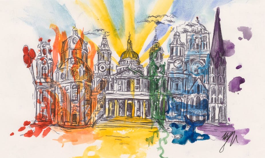 A drawing of an ornate building, sketched in black and white, with bursts of primary color.