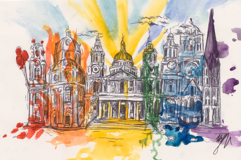 A drawing of an ornate building, sketched in black and white, with bursts of primary color.