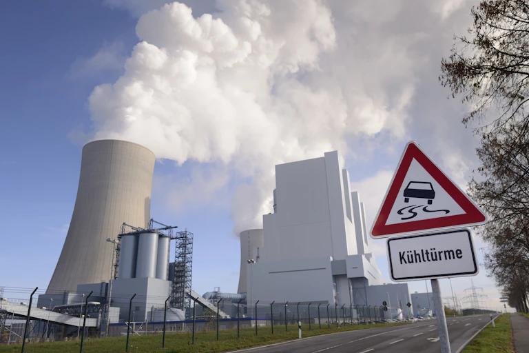 Warning sign concerning the cooling towers in Germany