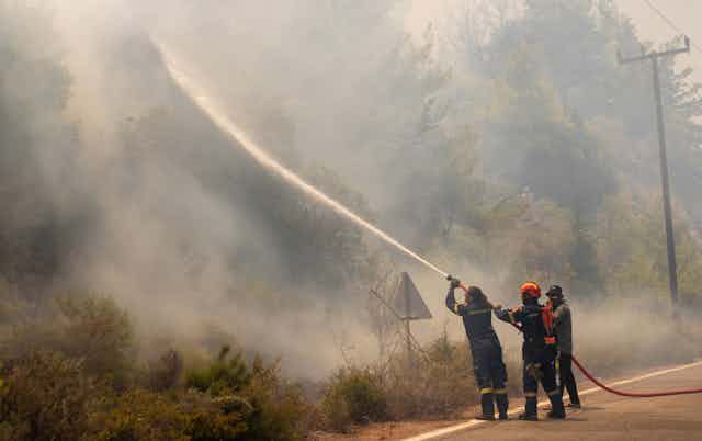 Three firefighters direct a jet of water into burning roadside vegetation.