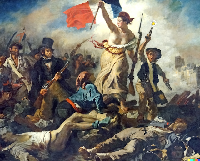 Una mujer alza la bandera francesa, roja, blanca y azul, guiando a un grupo de gente armada con un niño a su lado cuya pistola dispara margaritas.