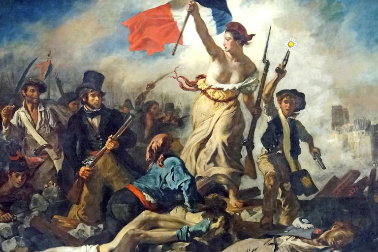 Una mujer alza la bandera francesa, roja, blanca y azul, guiando a un grupo de gente armada con un niño a su lado cuya pistola dispara margaritas.
