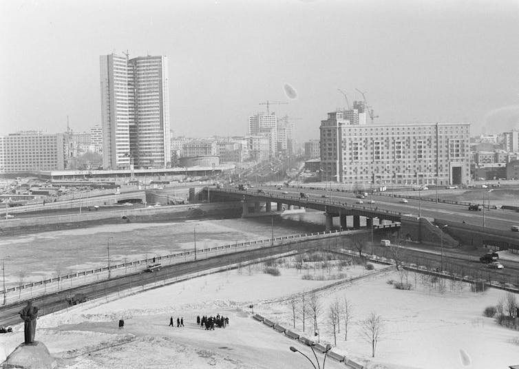 An archival photo in black and white of Moscow.