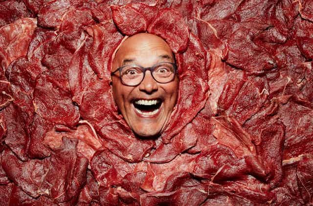 A man's head in meat. 