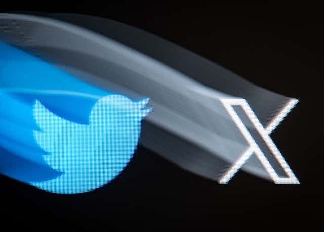 Blurry versions of the old blue Twitter bird logo and the new black X logo.