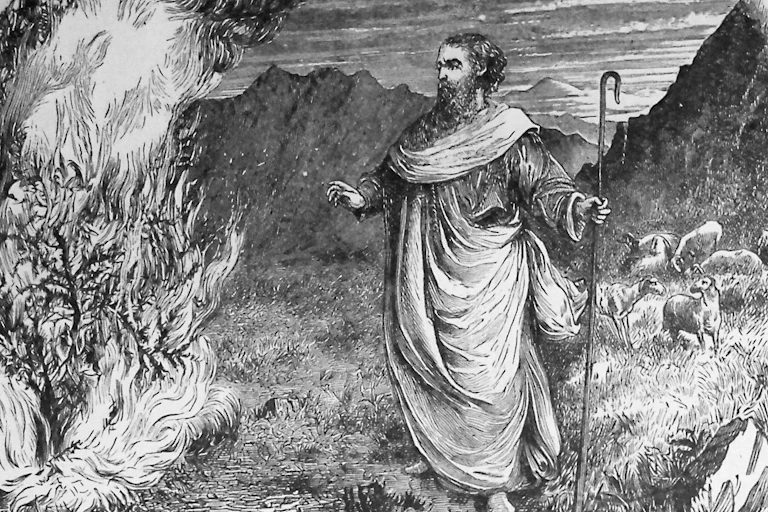 A black and white drawing showing Moses and the Burning Bush.