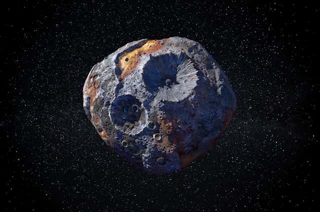 An illustration depicting a cratered, gray and rust-colored asteroid floating in space.