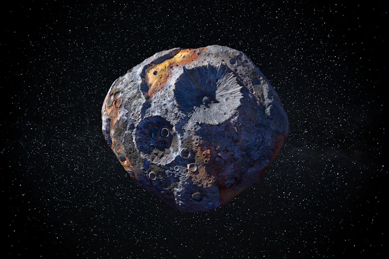 An illustration depicting a cratered, gray and rust-colored asteroid floating in space.