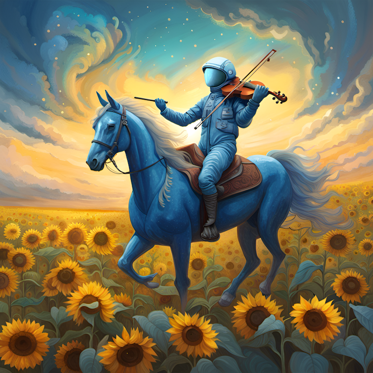 Astronaut playing a violin while riding a blue horse in a field of sunflowers.
