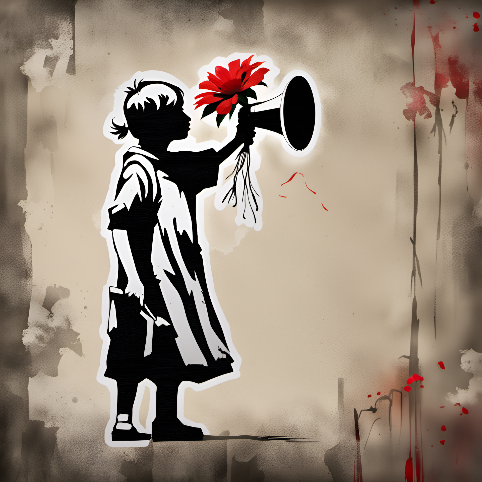 Young person holding a bullhorn and a red flower in the style of Banksy.
