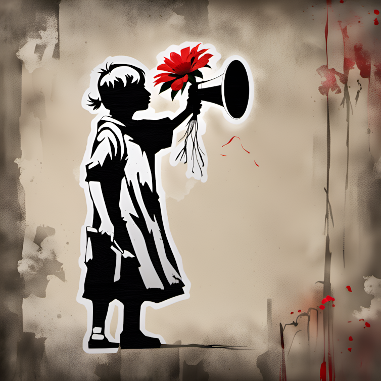 Young person holding a bullhorn and a red flower in the style of Banksy. (AI)