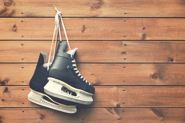 A pair of hanging hockey skates