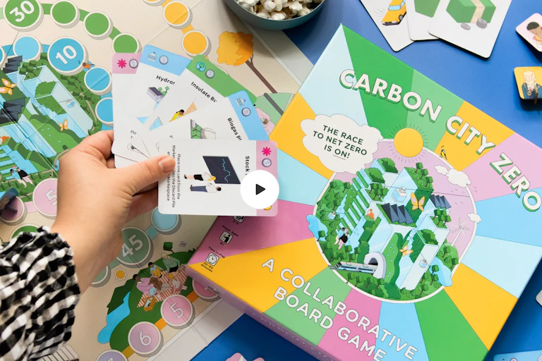A hand holding some cards above a climate change board game.