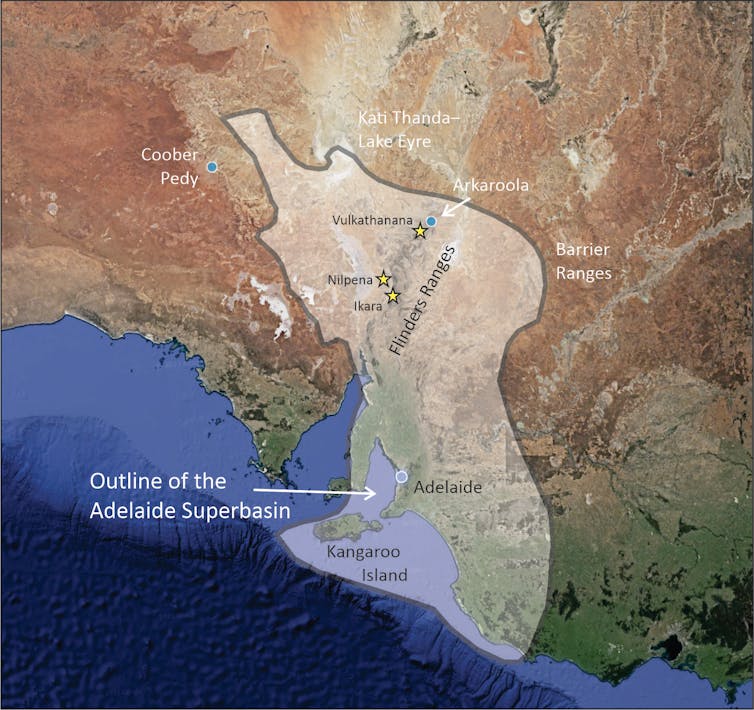 Map of South Australia marking out the area of the Adelaide Superbasin