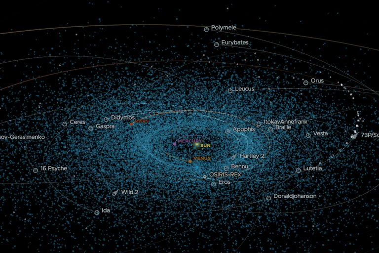 A computer generated image of solar system orbits and lots of blue dots indicating asteroids