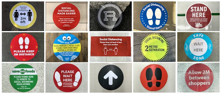 A collage of different social and physical distancing signs