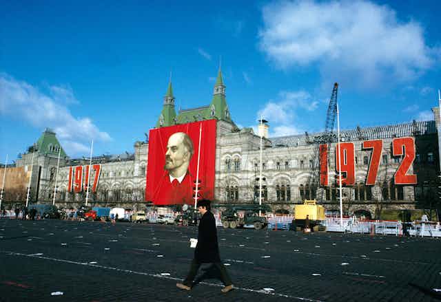An archival photograph in colour of the Red Square in Moscow.