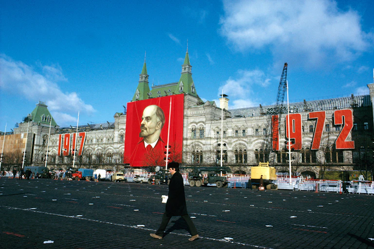 An archival photograph in colour of the Red Square in Moscow.