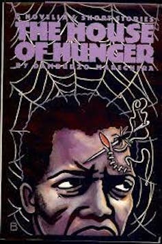 A book cover with an illustration of an African man against a spider's web, a needle stitching a wound on his forehead.