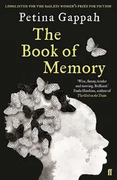 A book cover with an illustration showing the portrait of a woman with butterflies instead of hair.