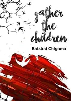 A book cover with an illustration of birds flying into a tree and down into a red backdrop.