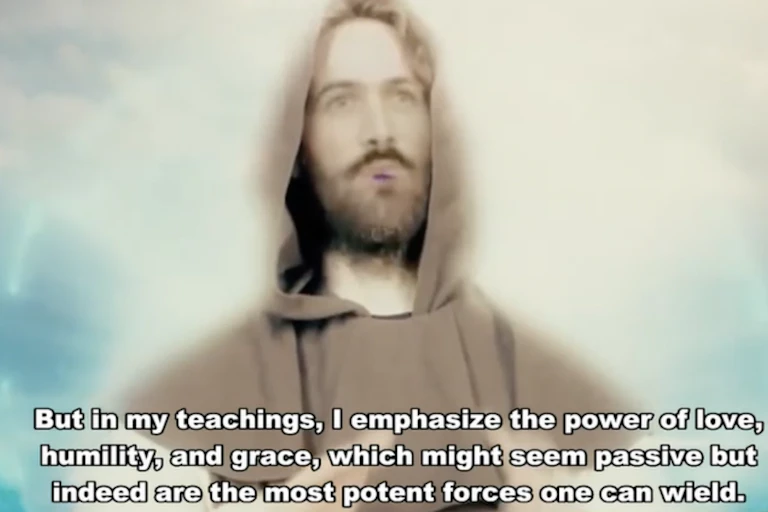 A bearded white man wearing a brown hooded jacket has a halo around him.