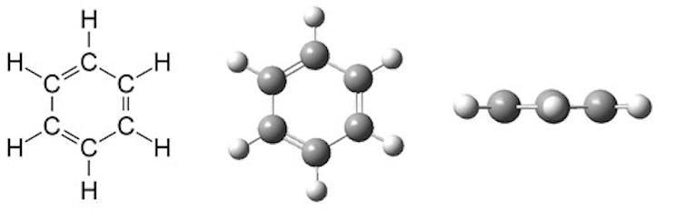 Three images, one on the left showing simple chemistry annotation of a hexagonal benzene ring of C for carbon connected to H for hydrogen. The second image shows the same shape, but with spheres to represent the atoms and sticks to represent bonds.