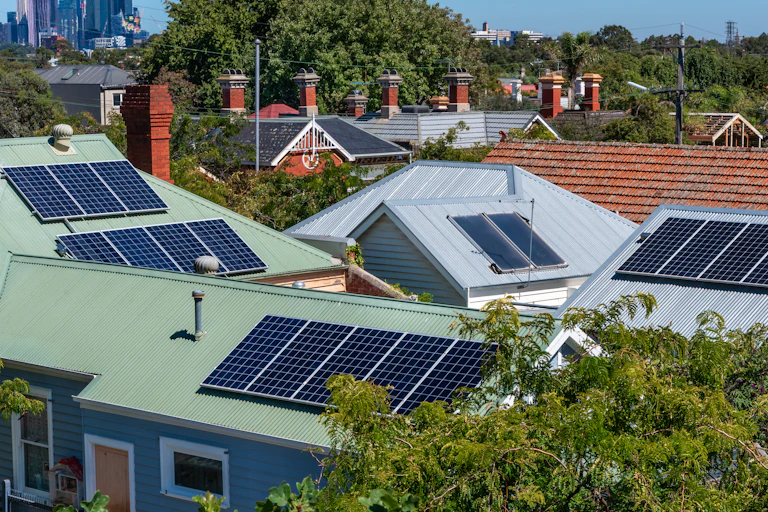 Suburban homes with rooftop solar panels