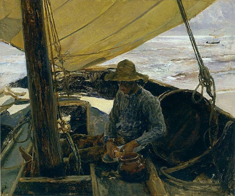 Painting of a man peeling potatoes seated on the deck of a boat.