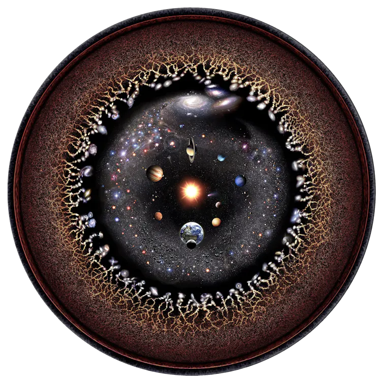 Circular image of space, with our solar system Sun and planets largest in centre