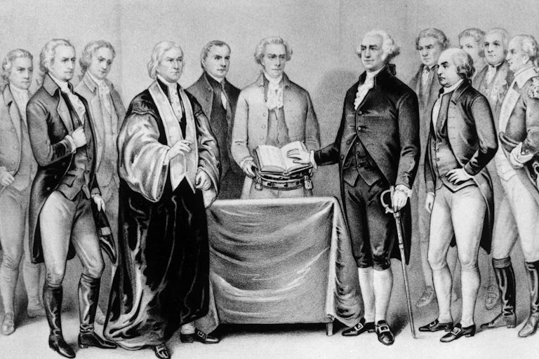 Twelve men in 18th century cloths, with one placing his hand on a bible.