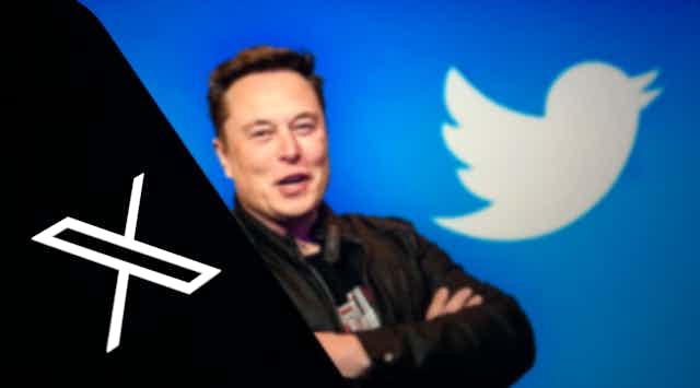 white x on black background in the first third, elon musk in the middle, Twitter logo of a white bird on a blue backgroundwhite 