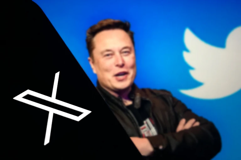 white x on black background in the first third, elon musk in the middle, Twitter logo of a white bird on a blue backgroundwhite