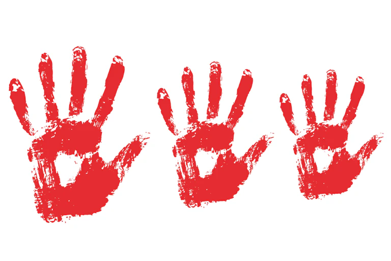Three blood red handprints
