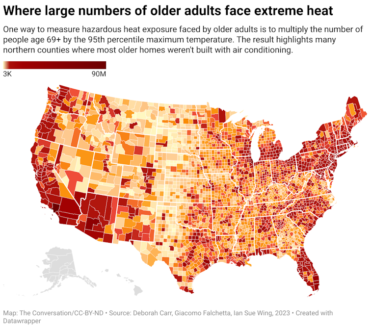 A map of the United States that highlights regions where a large number of older adults face extreme heat. These regions include the northeast, west coast, and southeast.