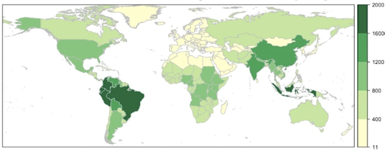 World map showing numbers of bird species for each country or region