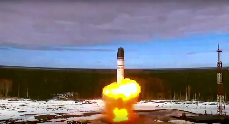 An intercontinental ballistic missile being launched in Russia.