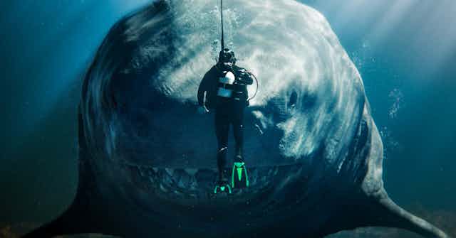 A diver in front of a giant shark.